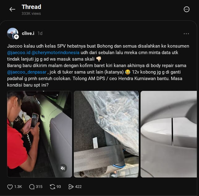 Keluhan Konsumen Jaecoo di Threads