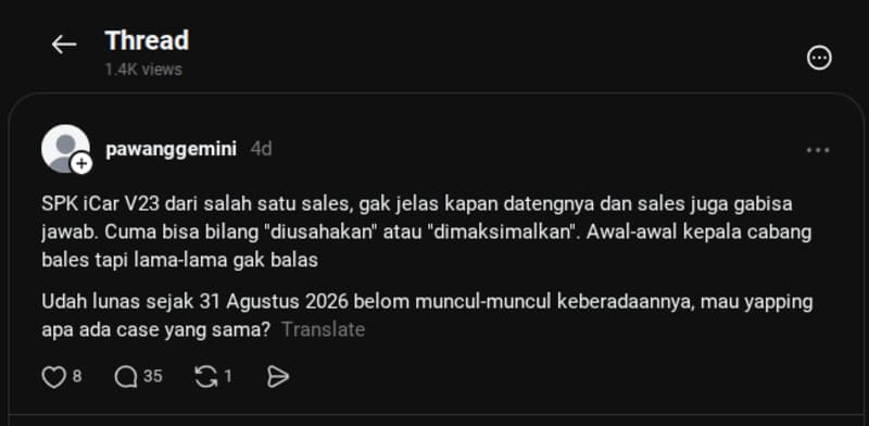 Curhatan Pembeli iCar V23