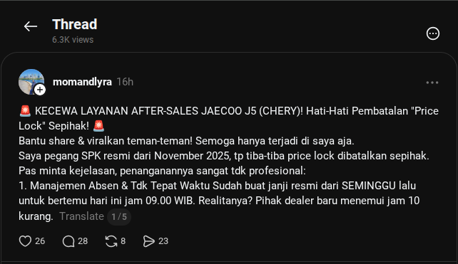 Keluhan Konsumen Jaecoo Indonesia